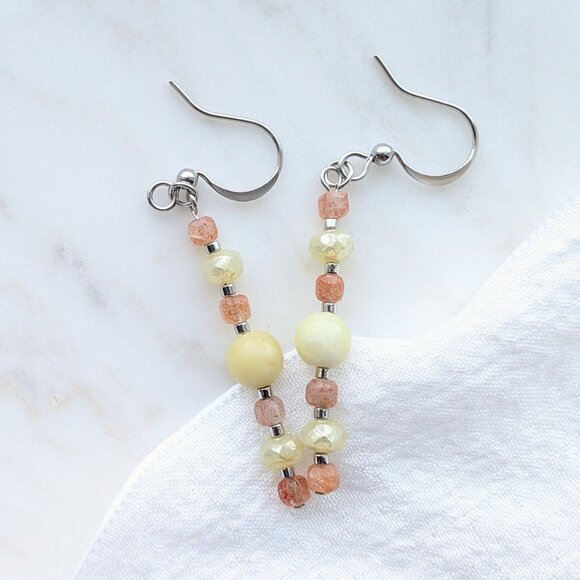 Yellow African Opal and Orange Sunstone Steel Dangle Earrings - Picture 3 of 4